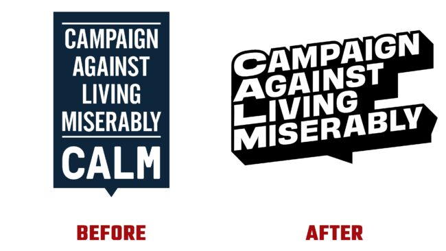 Campaign Against Living Miserably (CALM) Antes y Despues del Logotipo (historia)