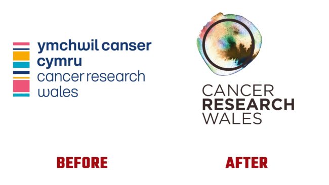 Cancer Research Wales Antes y Despues del Logotipo (historia)